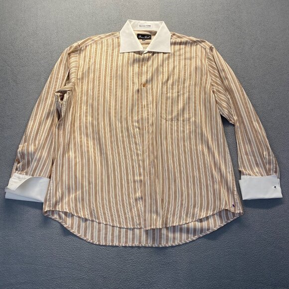 Bruno Conte Men's Button Up French Cuff Dress Shirt 17 1/2 34/35 Orange Striped - Picture 10 of 11